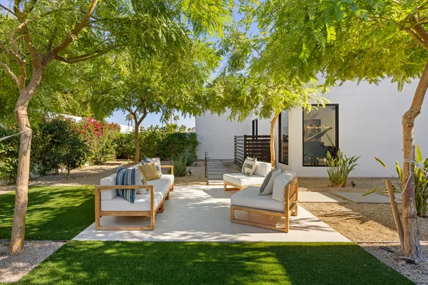 a view of a backyard with table and chairs potted plants and a large tree