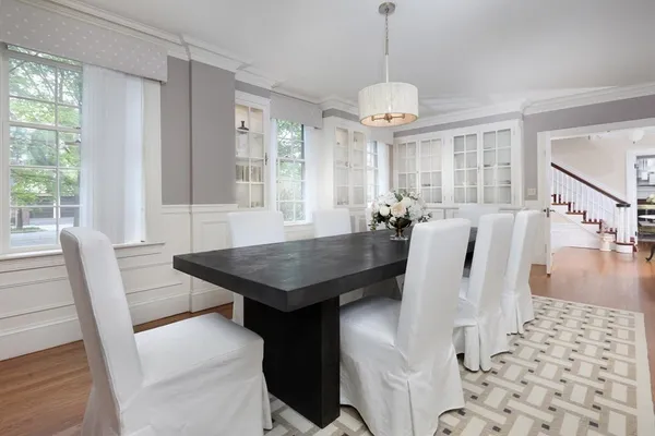 a view of a dining room with furniture window and wooden floor