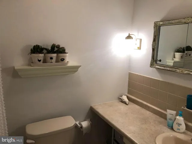 a bathroom with a sink toilet and mirror