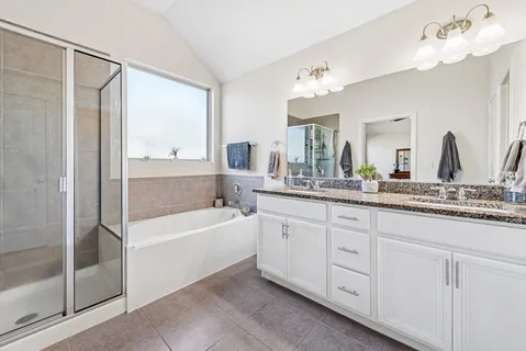 a bathroom with a tub sink and mirror