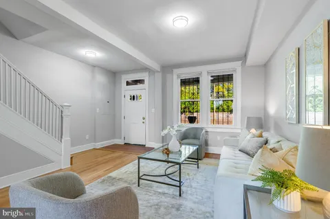 a living room with furniture a rug potted plant and a window