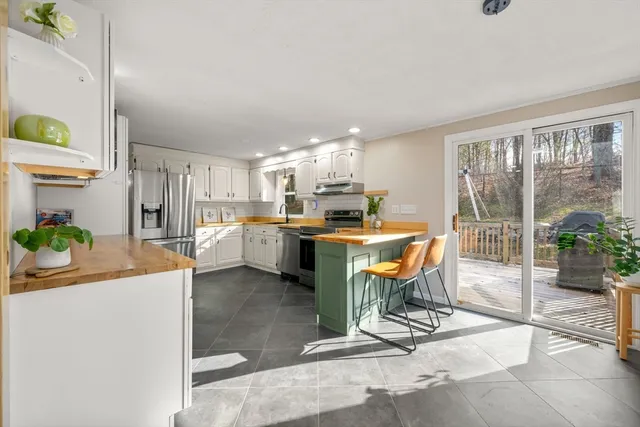 a view of a kitchen and dining room