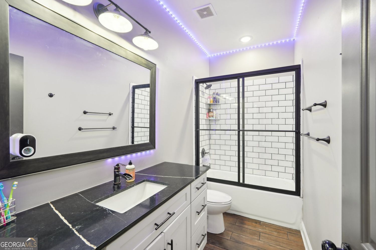 357 Old Driver Road Whitesburg, GA 30185 - Photo 65 of 75 a bathroom with a sink vanity granite toilet and a mirror