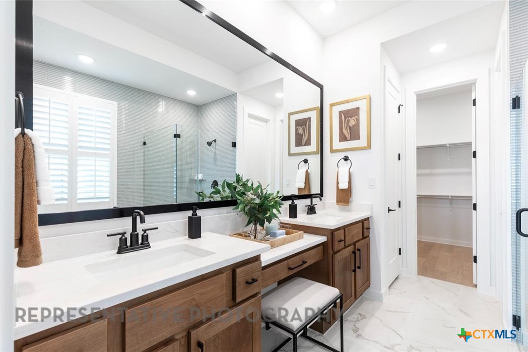 244 Basket Flower Loop Kyle, TX 78640 - Photo 20 of 34 a bathroom with a sink and a mirror