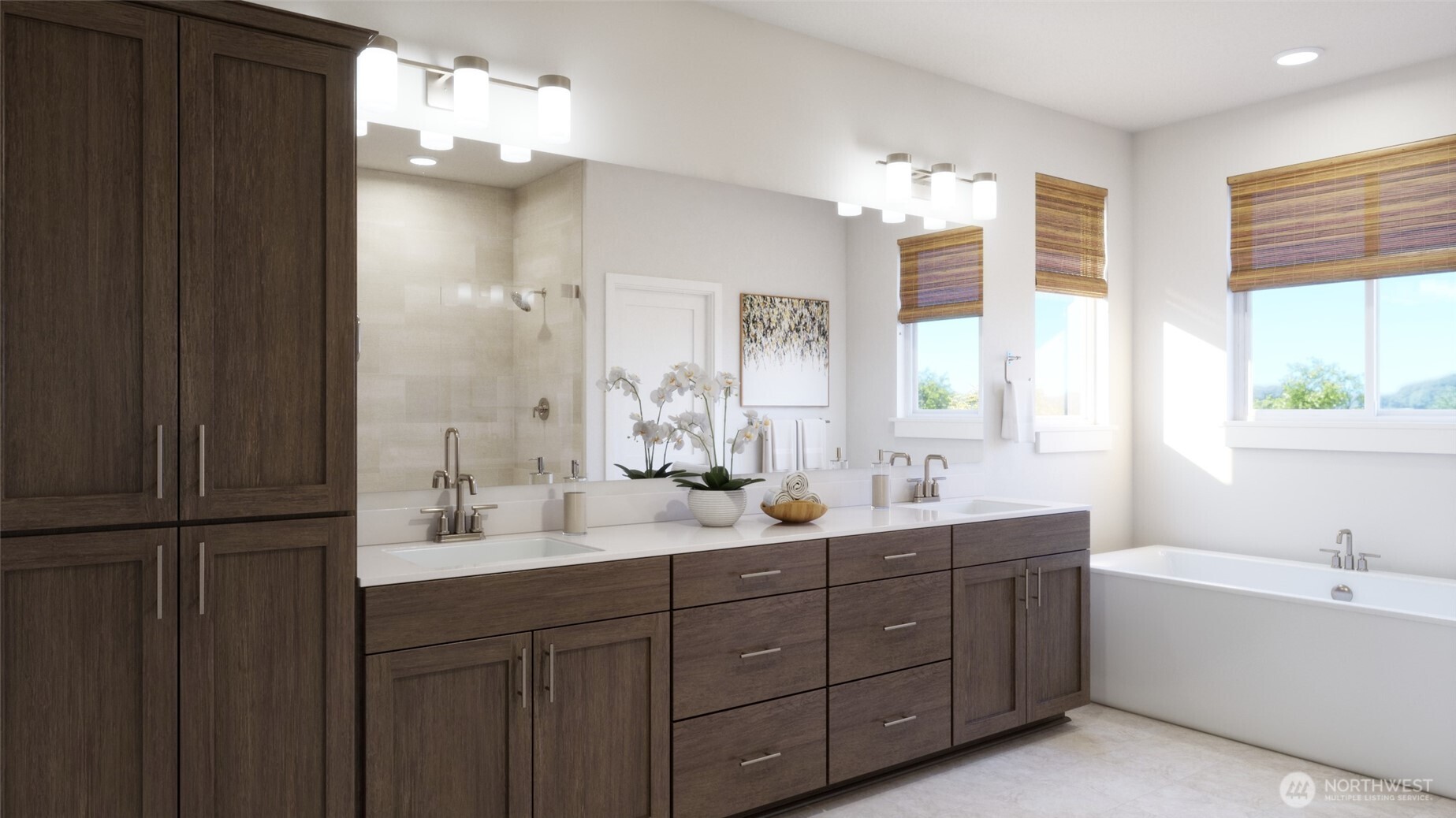 1892 Southwest 343rd Place Federal Way, WA 98023 - Photo 17 of 18 a bathroom with double vanity sinks a large mirror and a bathtub