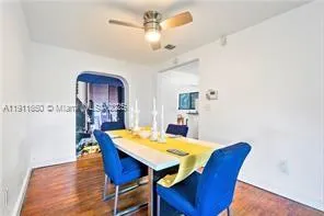 a view of a dining room with furniture