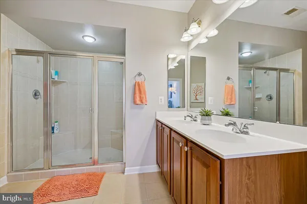 a bathroom with a double vanity sink mirror and shower