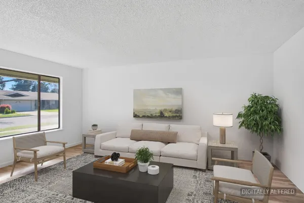 a living room with furniture and a potted plant