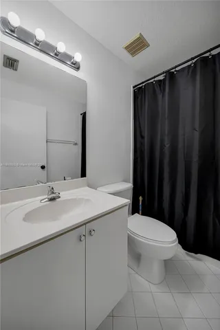 a bathroom with a sink a toilet a mirror and shower curtain