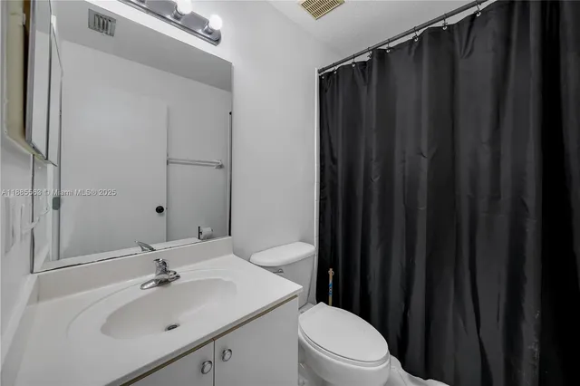 a bathroom with a sink a toilet a mirror and shower curtain