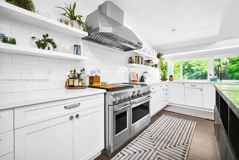 a kitchen with stainless steel appliances a white stove top oven and a potted plant
