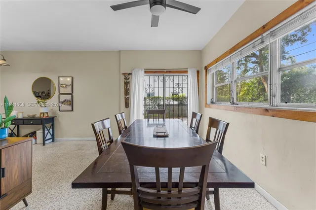 a view of a dining room with furniture window and outside view