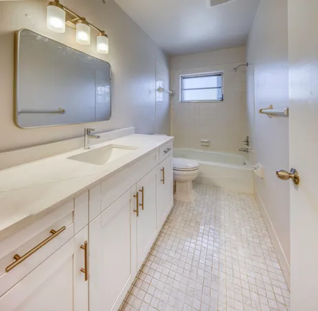 a bathroom with a double vanity sink toilet mirror and bathtub