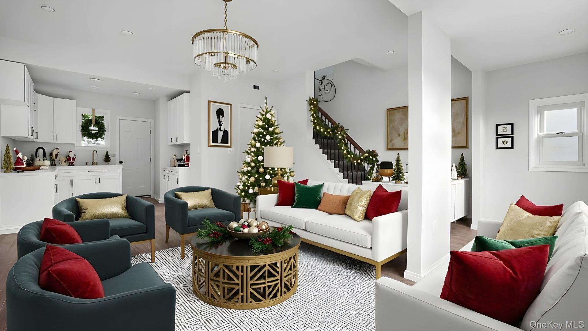 Living area featuring wood finished floors, a chandelier, recessed lighting, and stairway