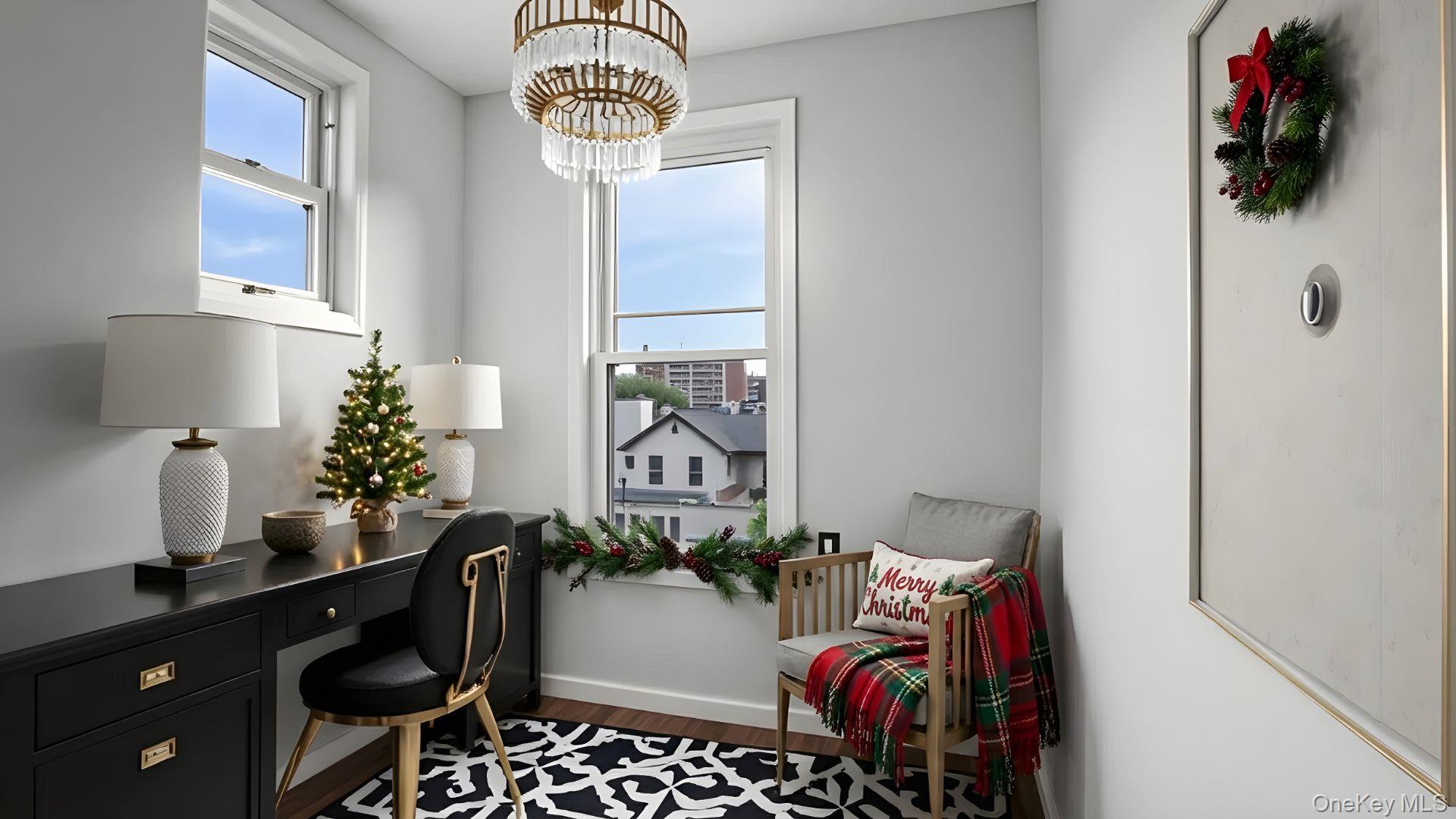 2040 Washington Avenue Bronx, NY 10457 - Photo 5 of 26 Home office featuring healthy amount of natural light, wood finished floors, and a chandelier
