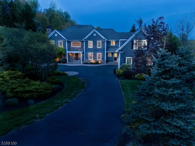 a front view of a house with a yard and green space