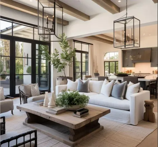 a living room with furniture a chandelier and a large window