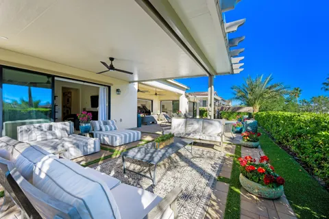 a view of a backyard with plants and a patio