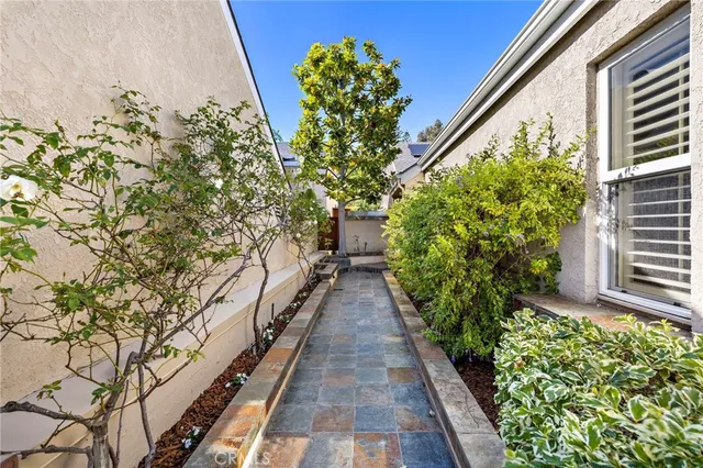 a view of a pathway with flower plants
