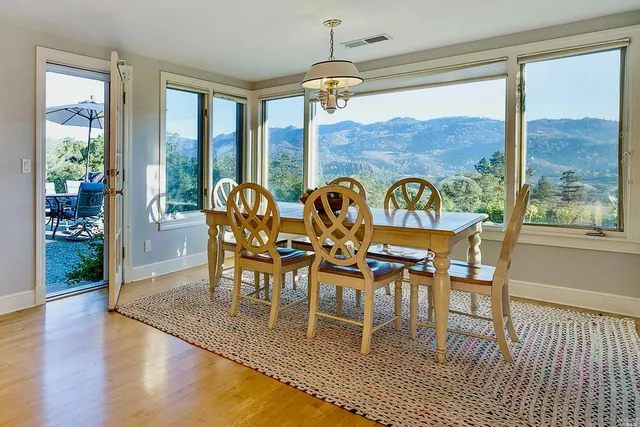 a view of a dining room with furniture window and outside view