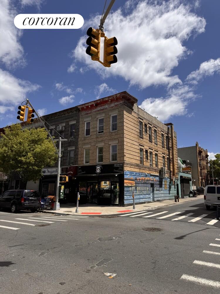 a front view of a building with street