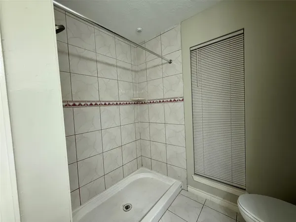 a bathroom with a shower and a toilet