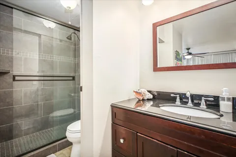 a bathroom with a sink a toilet a mirror and shower
