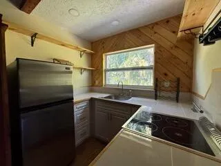 a kitchen with a refrigerator and a sink