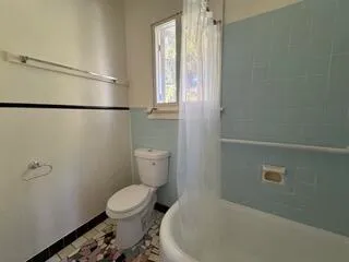 a bathroom with a toilet and a shower