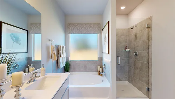 a bathroom with a tub sink and mirror