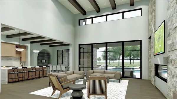 a living room with furniture large window and flat screen tv