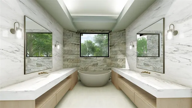 a bathroom with a double vanity sink a mirror and a bathtub