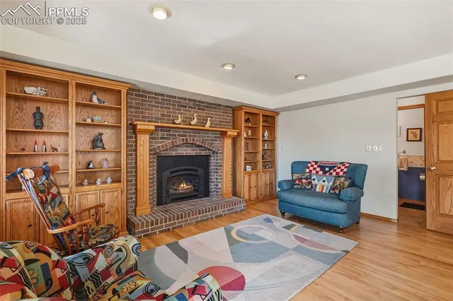 a living room with furniture a rug and a fireplace