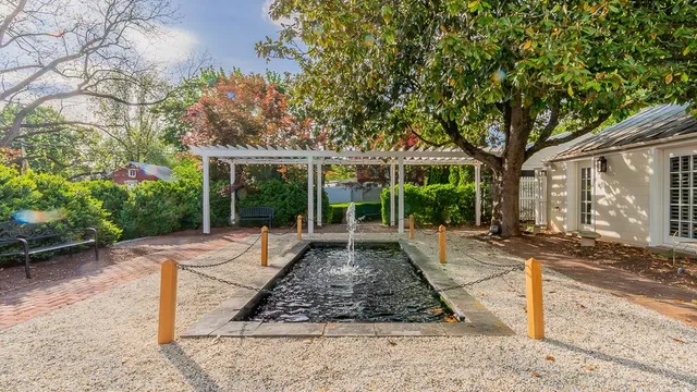 a view of a garden with a fountain