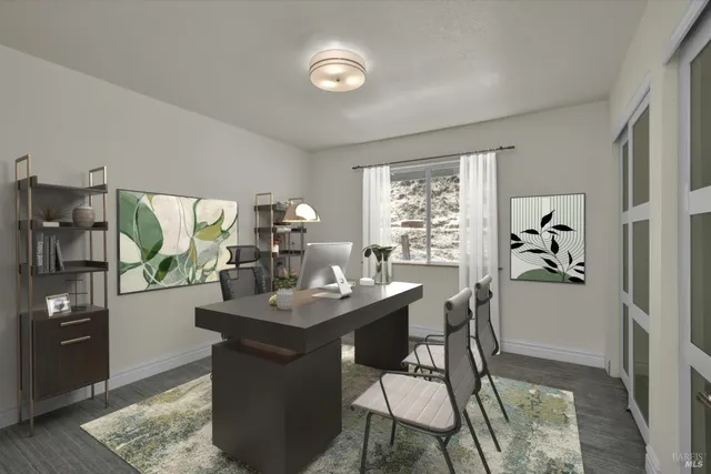 a view of balcony with wooden floor