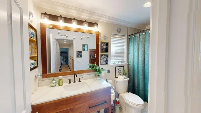 a bathroom with a sink a toilet a mirror a vanity and shower