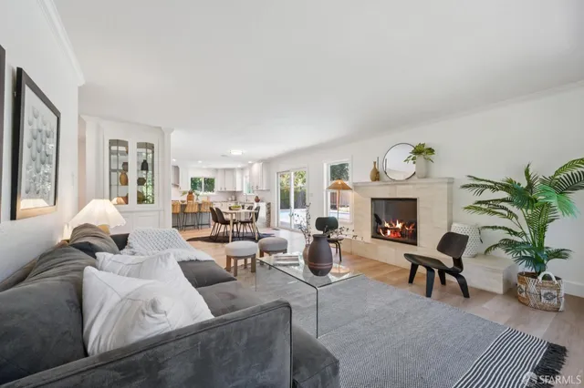 a living room with furniture a fireplace a potted plant and a large window