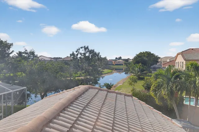 a view of a park with large trees