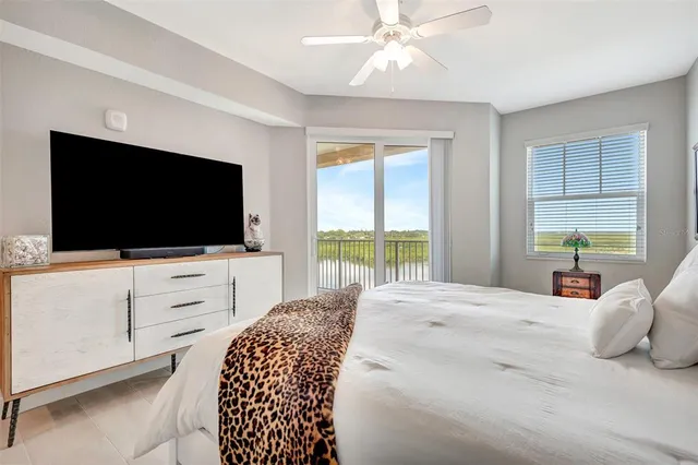 a bedroom with a large bed and a flat screen tv