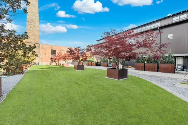 a view of yard with tall buildings