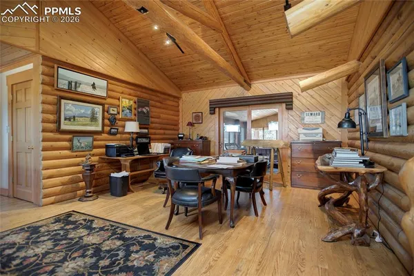 a view of a dining room with furniture