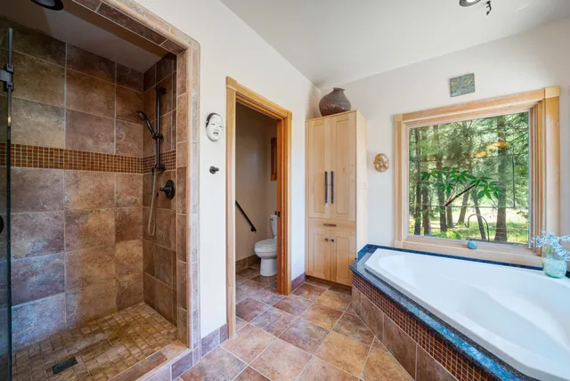 a bathroom with a bathtub and a shower