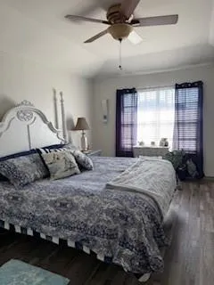 a bedroom with a large bed and a window