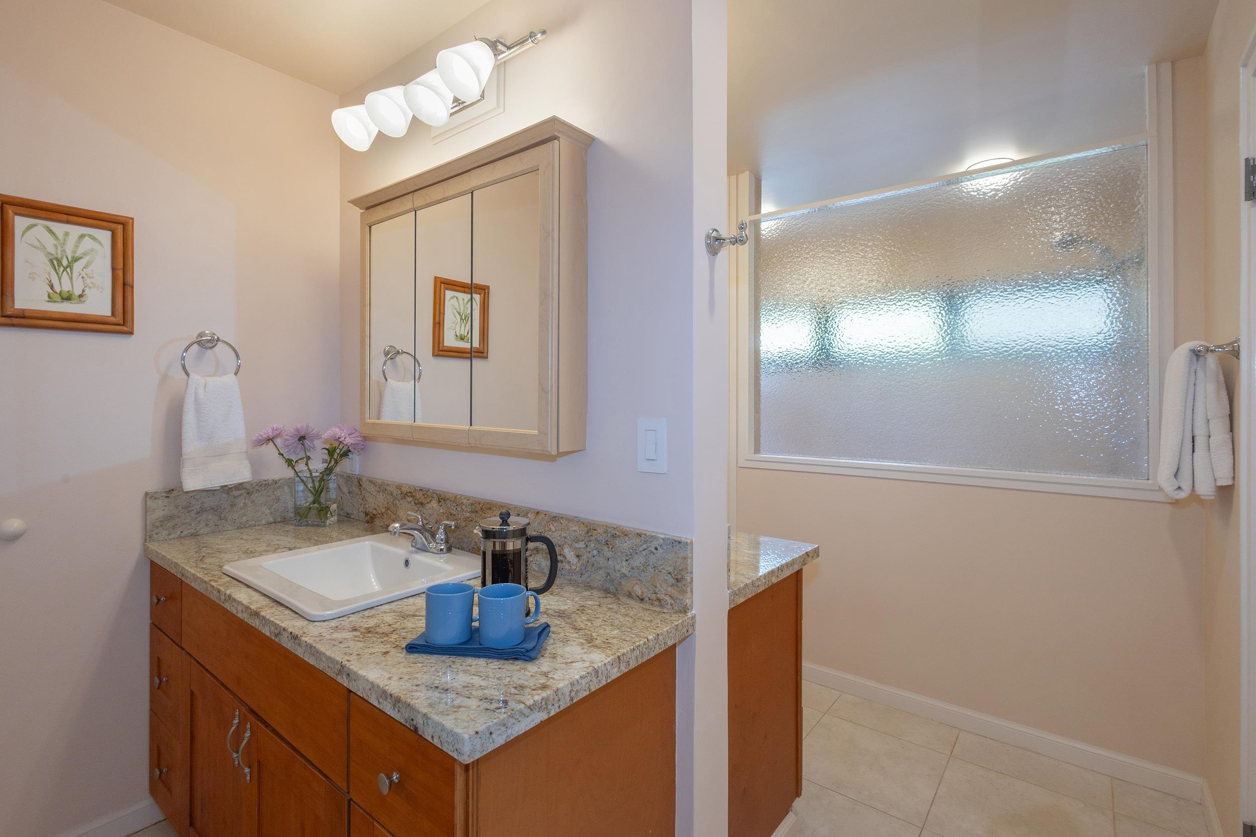 100 Ridge Road, Unit 723 Lahaina, HI 96761 - Photo 26 of 48 a bathroom with a granite countertop sink a mirror and a shower
