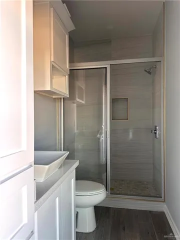 a bathroom with a shower and a toilet