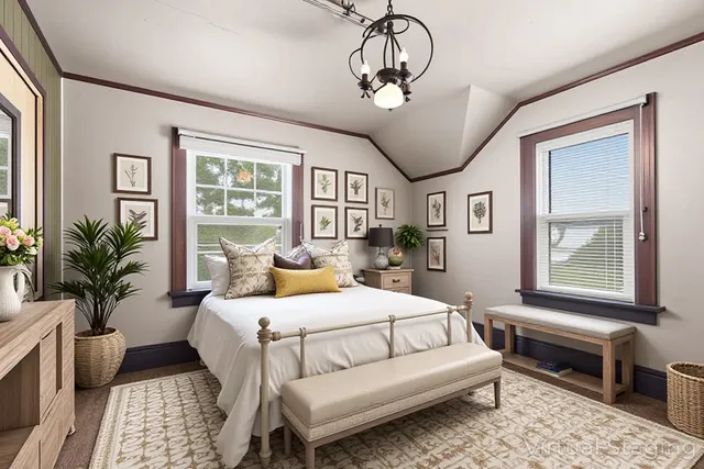 a bedroom with a bed furniture and a large window