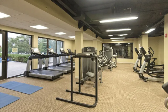 a view of a food mall next to a building