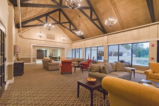 a view of outdoor space with signage and flags