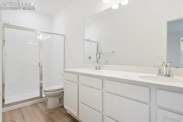 a bathroom with a double vanity sink toilet and shower