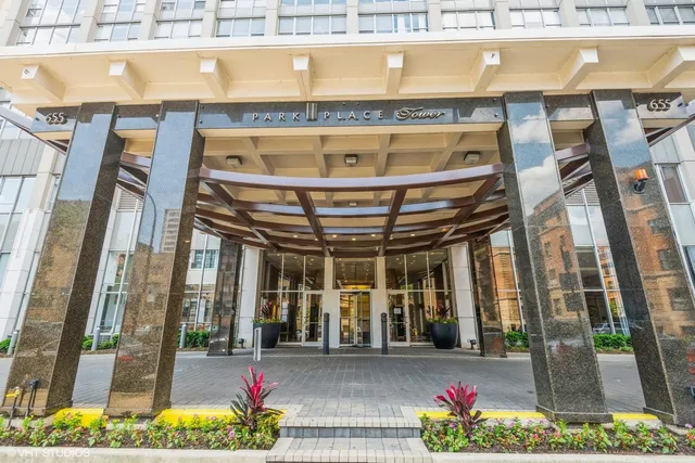 a front view of a building with street